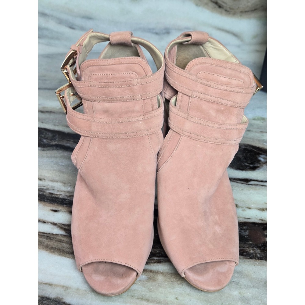 Michael Kors Dusty Rose Pink Suede Peep Toe‎ Buckle Strap Booties Heels 7.5M